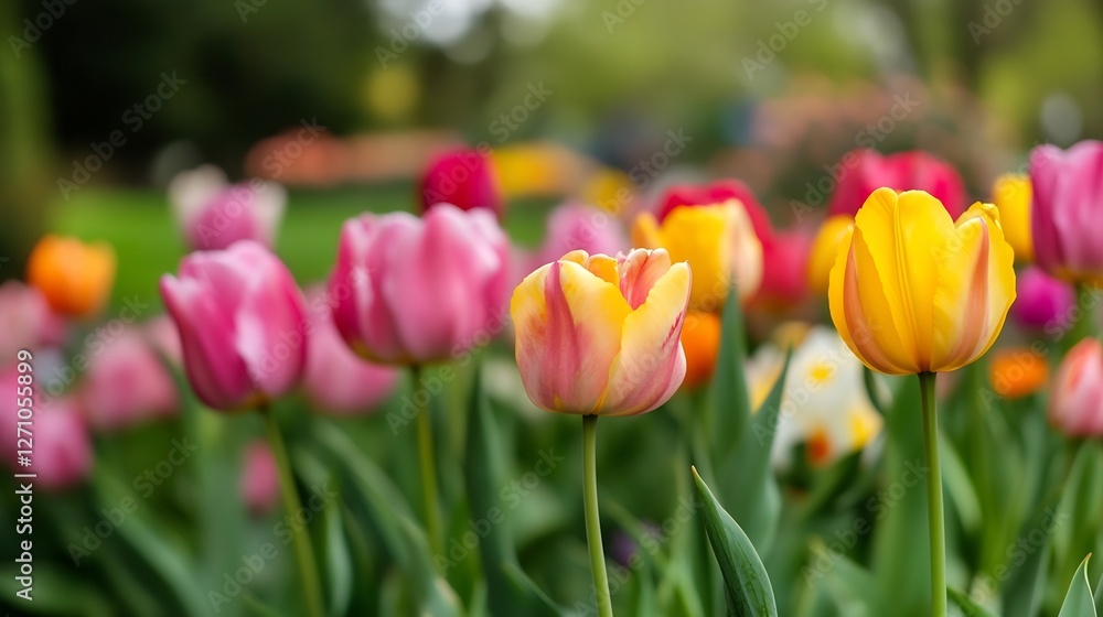 Bright and colorful tulips blooming in a garden during spring creating a vibrant floral display : Generative AI Bright and colorful tulips blooming in a garden during spring creating a vibrant floral display : Generative AI