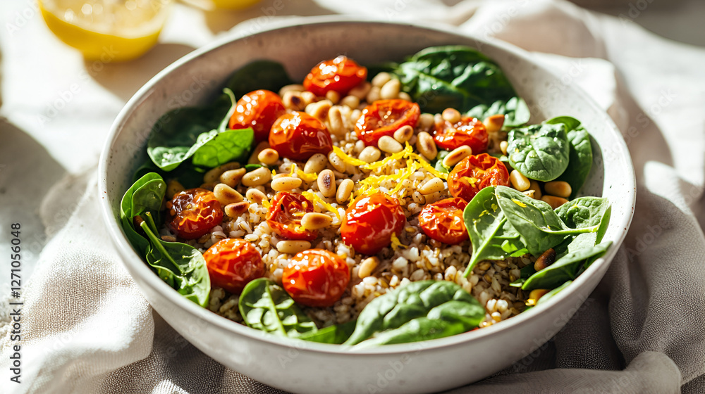 A vibrant grain bowl with roasted tomatoes, spinach, and pine nuts, garnished with lemon zest. A vibrant grain bowl with roasted tomatoes, spinach, and pine nuts, garnished with lemon zest.