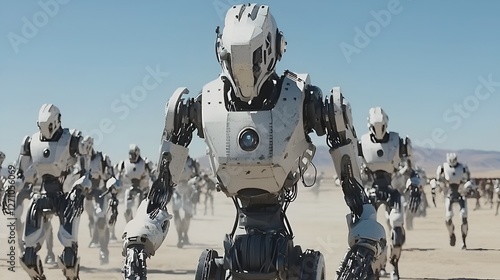 Robot army marching desert landscape; futuristic war scene; sci-fi film