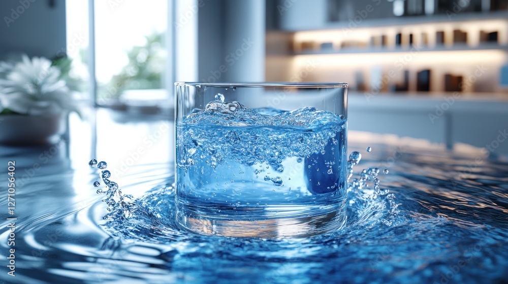 Splashing Water Glass, Modern Kitchen, Sunny Day Splashing Water Glass, Modern Kitchen, Sunny Day