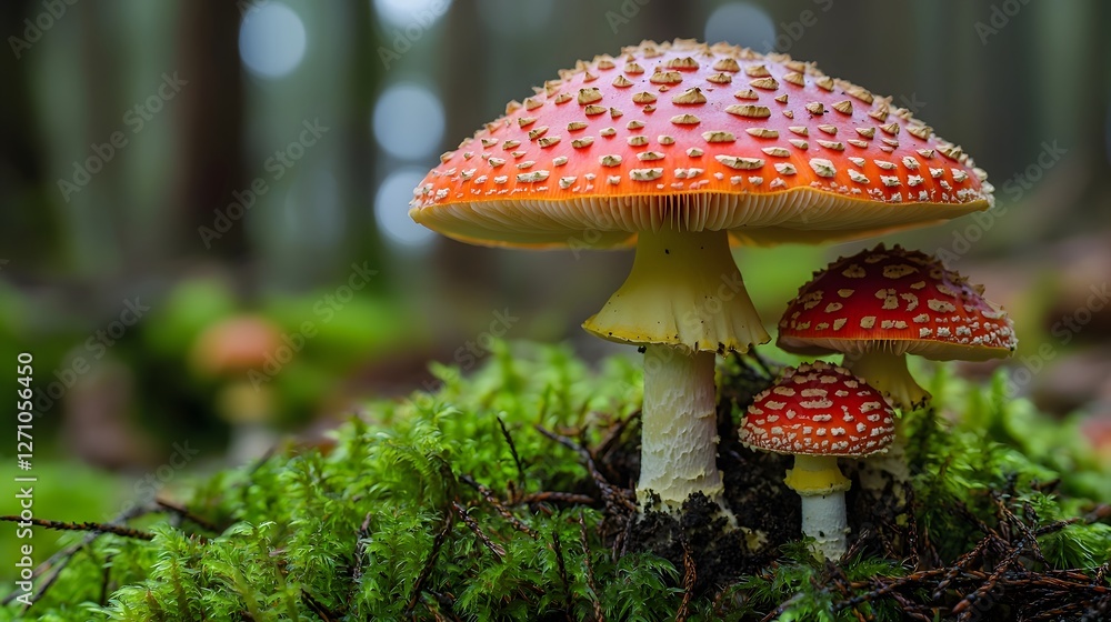 Fototapeta premium Freshness Fungus Growth, Vibrant Red Fly Agaric Mushrooms Amid Mossy Forest Foliage in Magical Atmosphere