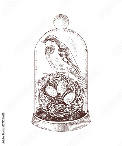 Easter cloche decoration with a bird nest and sparrow