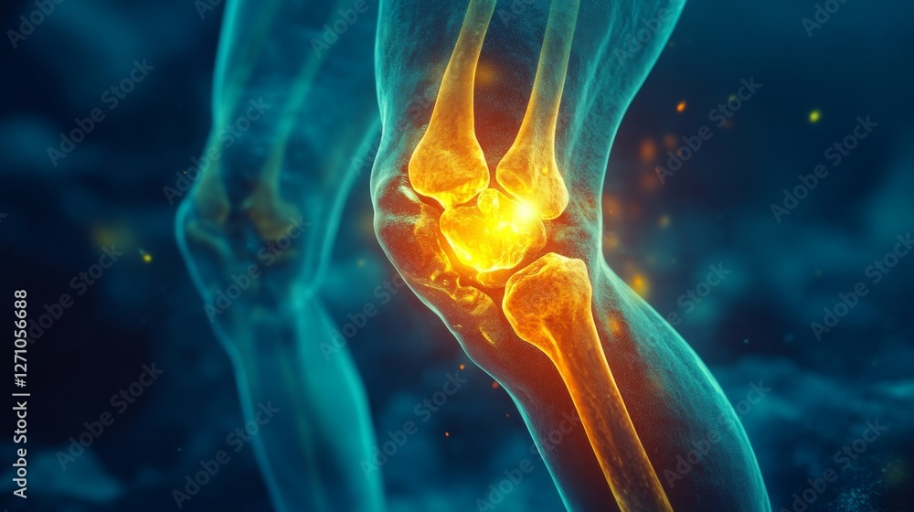 A detailed 3D medical illustration displaying the internal anatomy of the human knee joint, featuring a glowing red-orange pain zone that highlights the ligaments, cartilage, and other key A detailed 3D medical illustration displaying the internal anatomy of the human knee joint, featuring a glowing red-orange pain zone that highlights the ligaments, cartilage, and other key