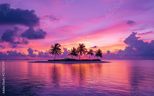 Dreamy purple and pink sunset sky over a tropical island