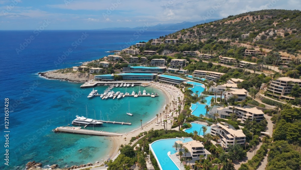 Aerial view of luxury resort with infinity pools and yachts