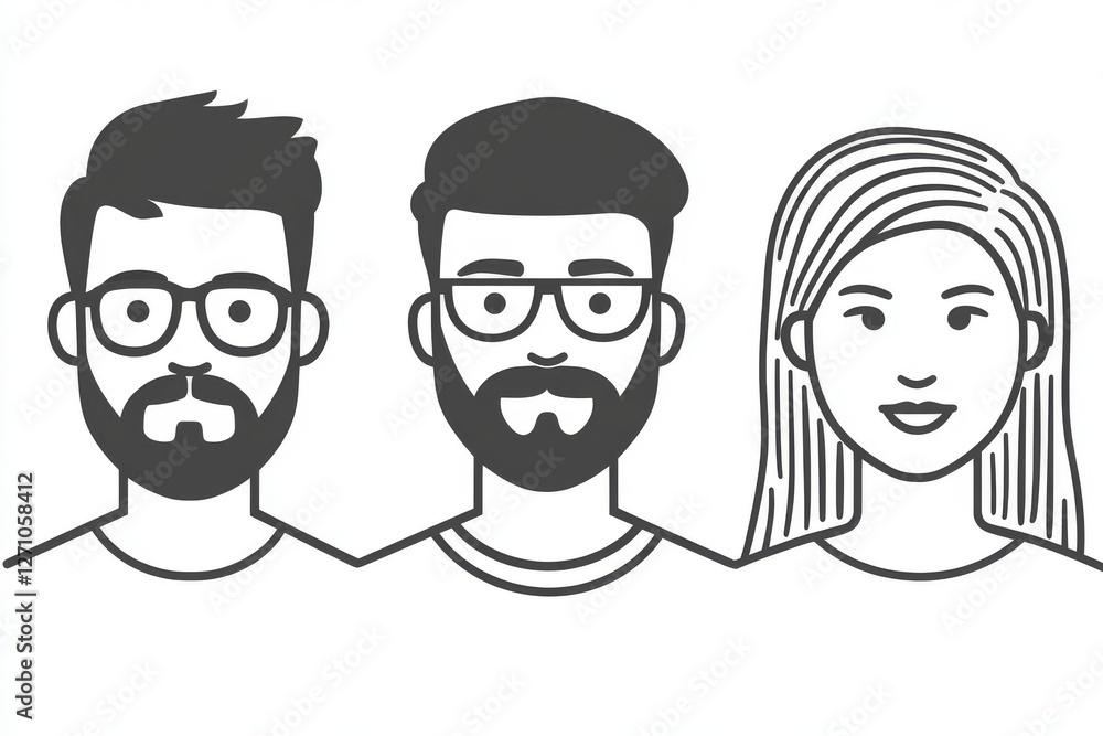 Avatars featuring different male and female characters are shown in cartoon black modern line art on a white background Avatars featuring different male and female characters are shown in cartoon black modern line art on a white background