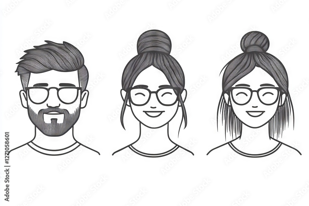 A collection of user avatars, showcasing different male and female characters in a modern black cartoon line art style, displayed on a white background A collection of user avatars, showcasing different male and female characters in a modern black cartoon line art style, displayed on a white background