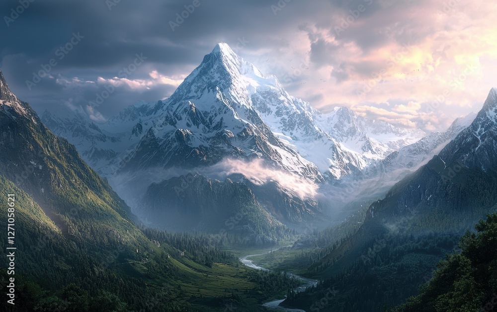 Majestic snow-capped mountains towering over a lush valley Majestic snow-capped mountains towering over a lush valley