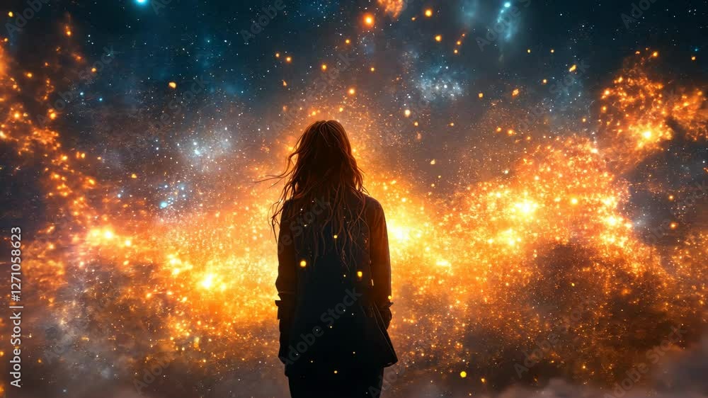 Woman gazes at vibrant cosmic display with swirling stars and colors Woman gazes at vibrant cosmic display with swirling stars and colors