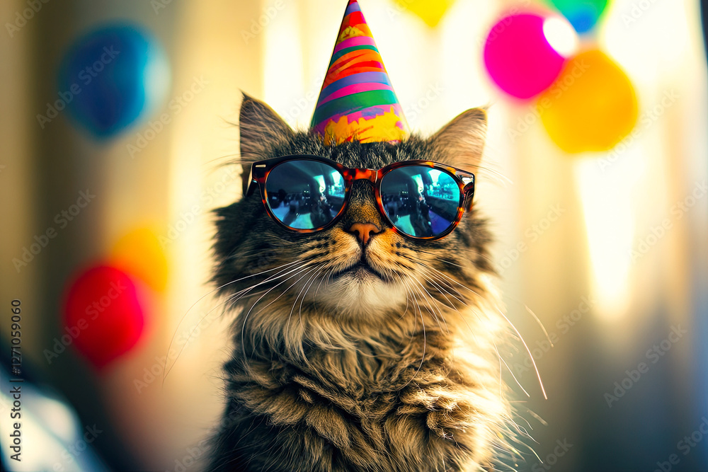 Fototapeta premium Fluffy Party Cat with Sunglasses