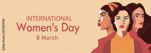 International Women's Day, March 8. Women of different cultures and skin colors stand together. Vector horizontal banner. Gender equality and women empowerment. For women's projects and space for text