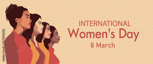 Vector flat horizontal banner for International Women's Day on March 8. Women of different cultures and skin colors stand together. Gender equality and women empowerment. For women projects