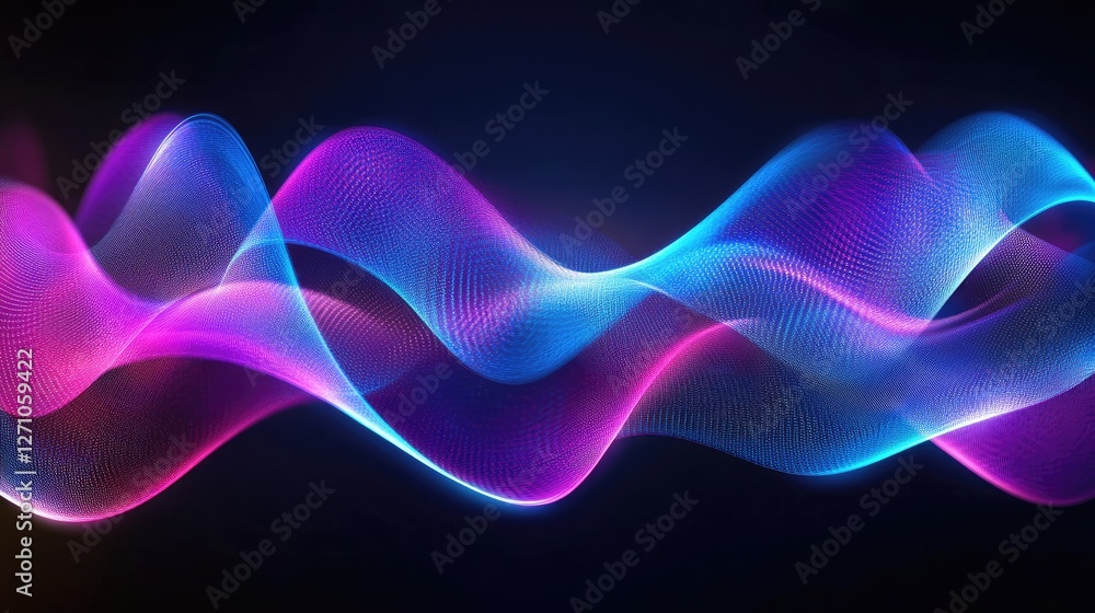 Obraz premium Abstract glowing blue and purple light waves forming rhythmic, flowing patterns against a dark space.