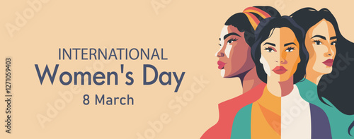 Vector horizontal banner for Women's Day on March 8. Women of different cultures and skin colors stand together. Gender equality and women's empowerment. For women's projects and place for text.
