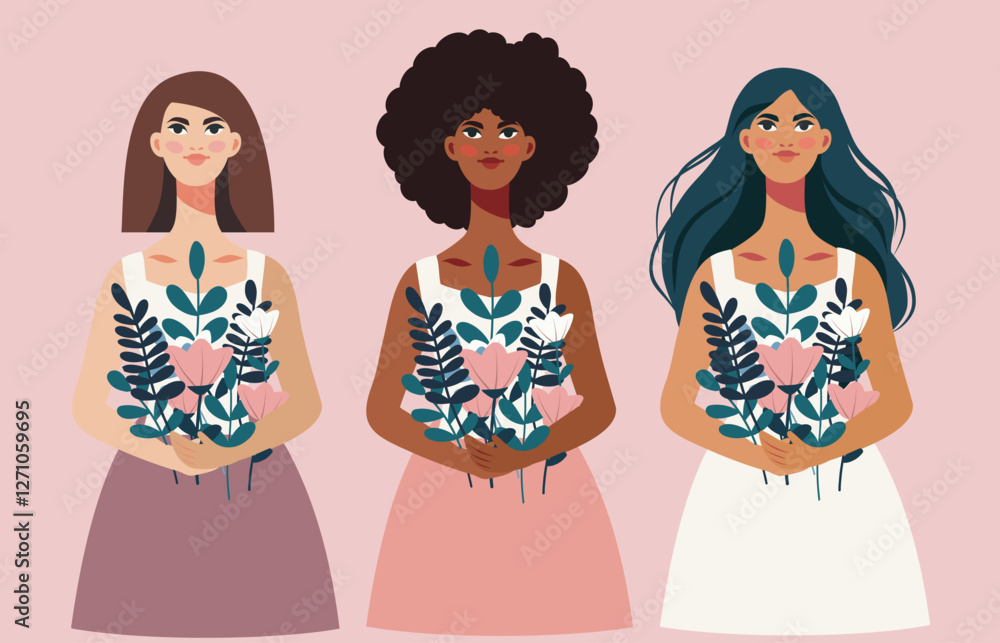 Women's Day. March 8. Girls women of different skin colors and nationalities with a spring bouquet of flowers in their hands on a pink background. Vector illustration for women's projects and holidays Women's Day. March 8. Girls women of different skin colors and nationalities with a spring bouquet of flowers in their hands on a pink background. Vector illustration for women's projects and holidays