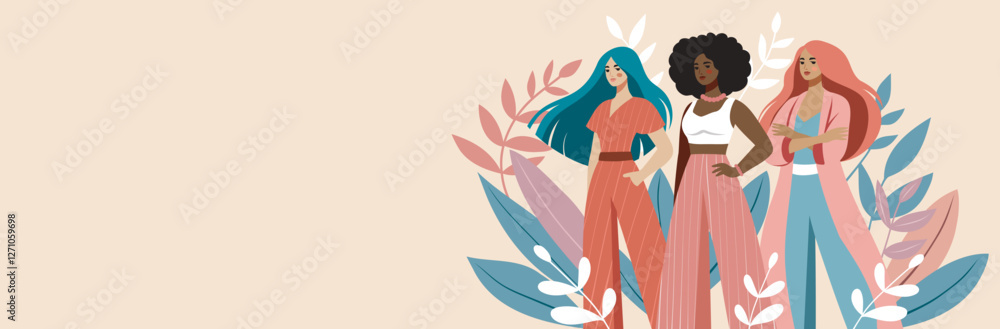 Women's Day. March 8. Beautiful women of different skin colors and cultures stand together against a background of flowers. Vector banner in pink pastel colors. For women's projects Women's Day. March 8. Beautiful women of different skin colors and cultures stand together against a background of flowers. Vector banner in pink pastel colors. For women's projects