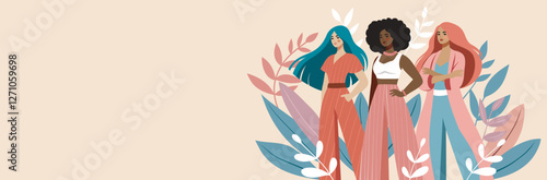 Women's Day. March 8. Beautiful women of different skin colors and cultures stand together against a background of flowers. Vector banner in pink pastel colors. For women's projects 