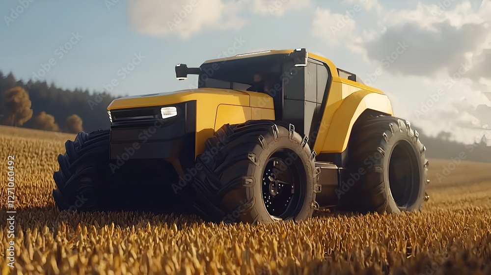 Fototapeta premium Futuristic tractor in wheat field, sunset. Agricultural technology, farming