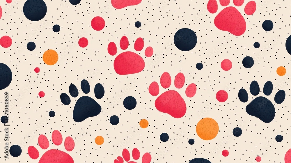 Background pattern cute animal footprints concept. Vibrant Abstract Paw Print Pattern with Colorful Dots and Shapes Background pattern cute animal footprints concept. Vibrant Abstract Paw Print Pattern with Colorful Dots and Shapes
