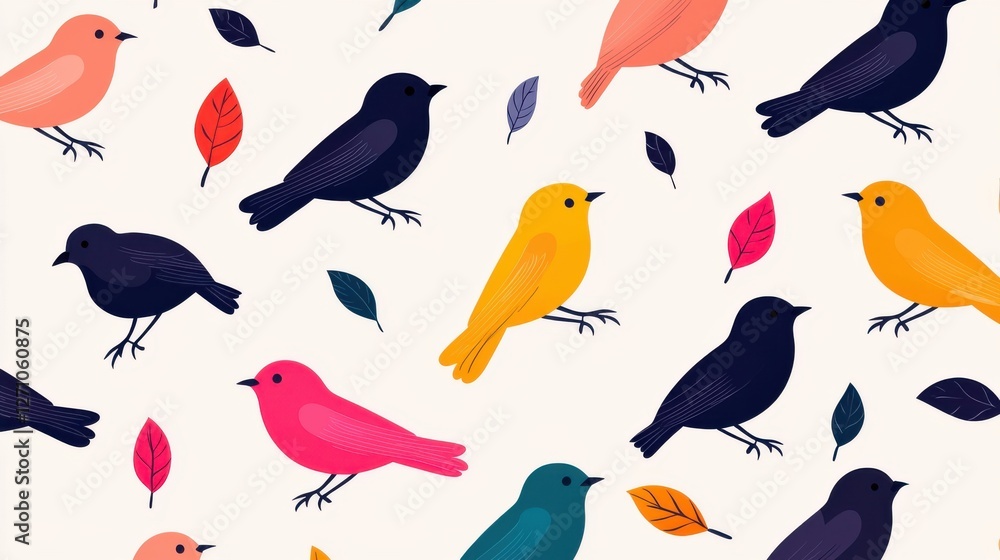 Fototapeta premium Background pattern cute animal footprints concept. Vibrant Avian Flock Perching on Whimsical Foliage Backdrop