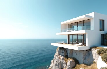 Seaside modern house exterior with ocean view. Minimalist architecture of coastal home with geometric design. White building on cliff by sea water under blue sky. Summer vacation mood.
