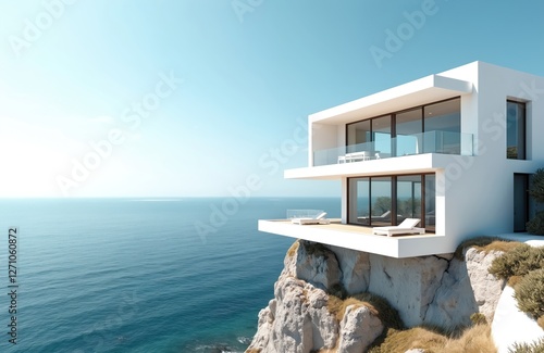 Fototapeta Naklejka Na Ścianę i Meble -  Seaside modern house exterior with ocean view. Minimalist architecture of coastal home with geometric design. White building on cliff by sea water under blue sky. Summer vacation mood.