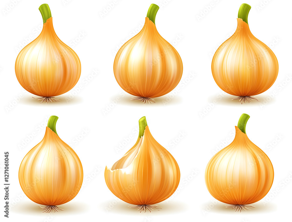 Obraz premium A set of six realistic, photo-style golden onions isolated on a white background, with different angles and perspectives, studio lighting, soft shadows, low contrast, clean, sharp focus, and 
