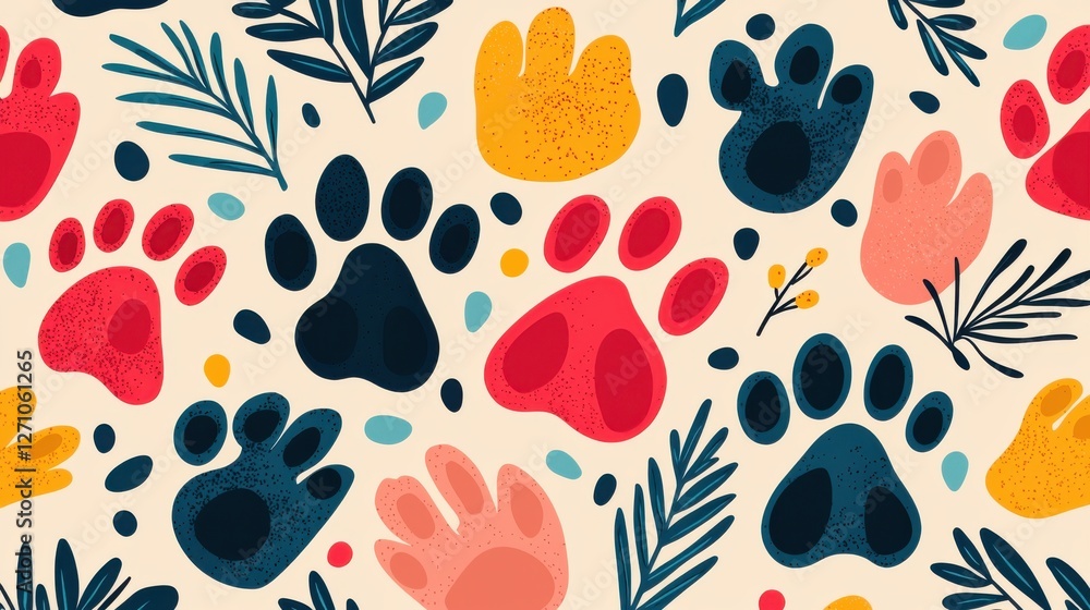 Background pattern cute animal footprints concept. Vibrant Paw Prints and Abstract Shapes Forming a Playful Nature Inspired Pattern Background pattern cute animal footprints concept. Vibrant Paw Prints and Abstract Shapes Forming a Playful Nature Inspired Pattern