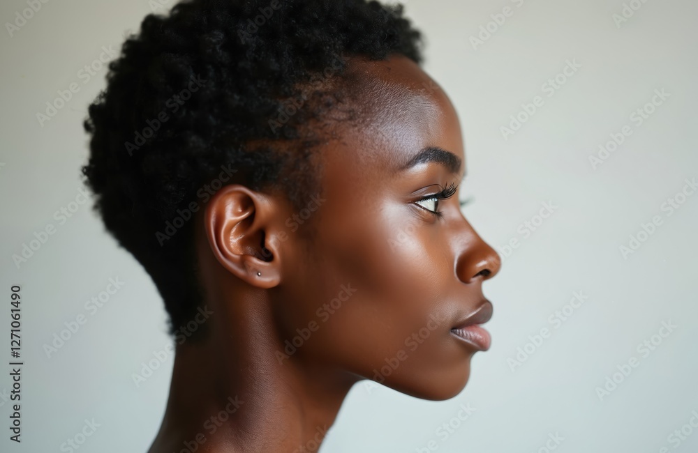 Side portrait of young black woman with perfect skin on white background. Short afro hairstyle. Beautiful african american girl, clean, clear, fresh glowing skin. Dark lady model in studio with Side portrait of young black woman with perfect skin on white background. Short afro hairstyle. Beautiful african american girl, clean, clear, fresh glowing skin. Dark lady model in studio with