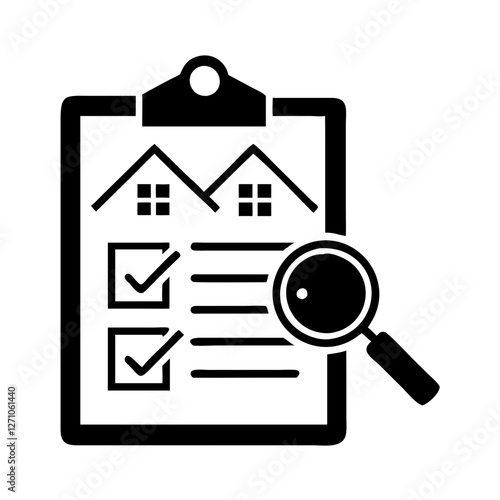 Home appraisal icon featuring checklist and magnifying glass for property evaluation
