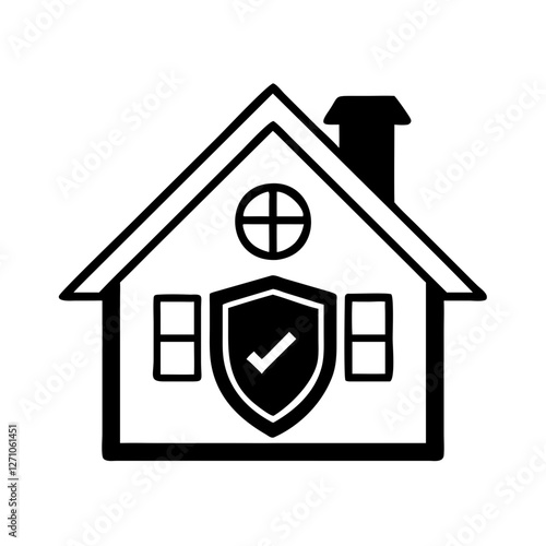 Home warranty icon featuring house, windows, chimney, and security shield