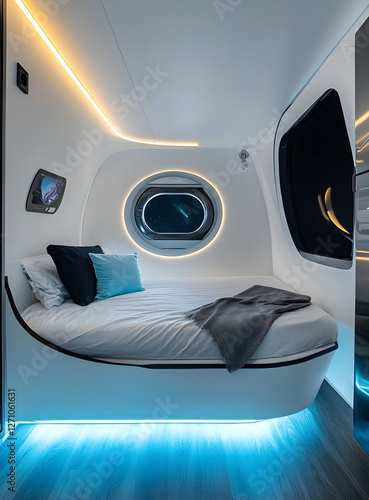 Fototapeta Naklejka Na Ścianę i Meble -  A small, futuristic white and blue space station with one bed, a window, a door, and a corridor. 