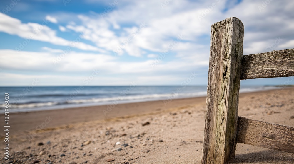 Serene beach landscape with weathered wooden fence and gentle waves under a cloudy sky : Generative AI Serene beach landscape with weathered wooden fence and gentle waves under a cloudy sky : Generative AI