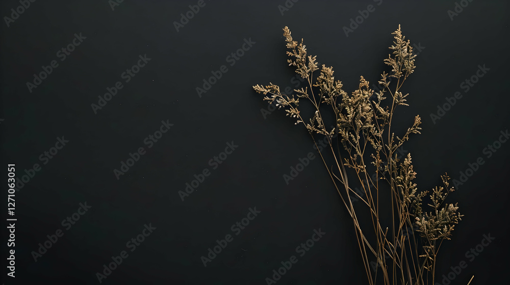 Dried botanical arrangement on a dark background, showcasing natural textures and colors Dried botanical arrangement on a dark background, showcasing natural textures and colors