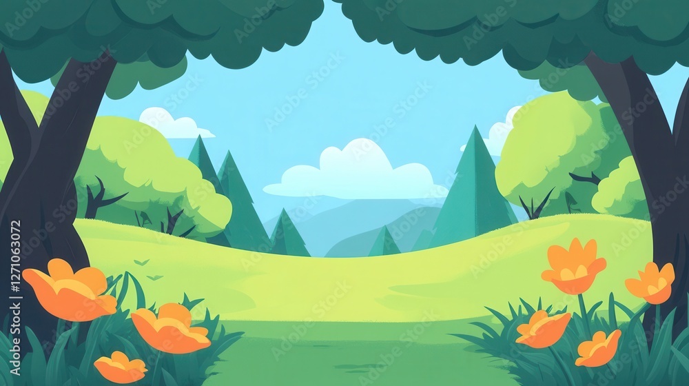 Obraz premium Serene Spring Landscape Featuring Lush Green Hills and Trees