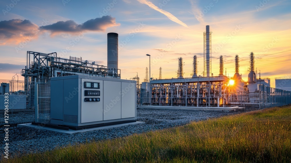 A hydrogen fuel cell system generating clean power in an industrial setting. A hydrogen fuel cell system generating clean power in an industrial setting.