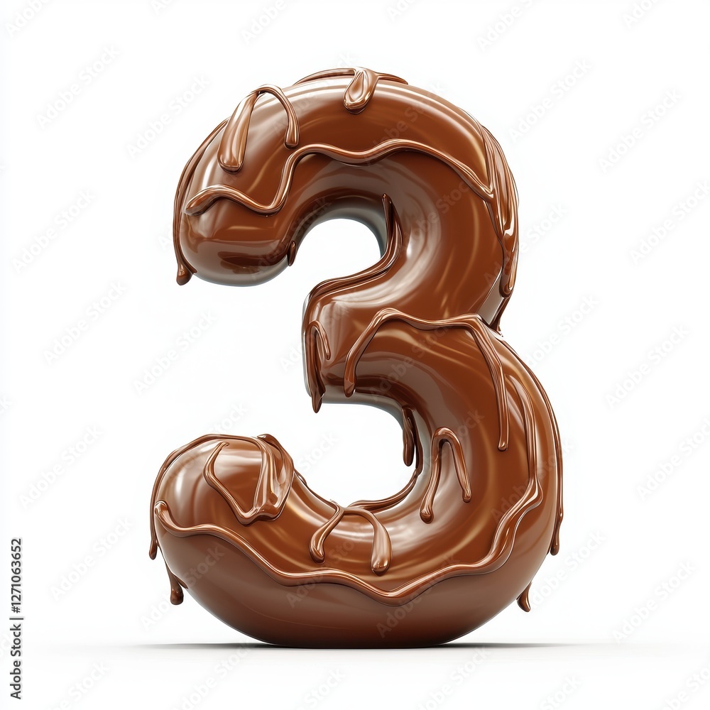 Number 3 made of glossy melted chocolate isolated on a clean white background Number 3 made of glossy melted chocolate isolated on a clean white background