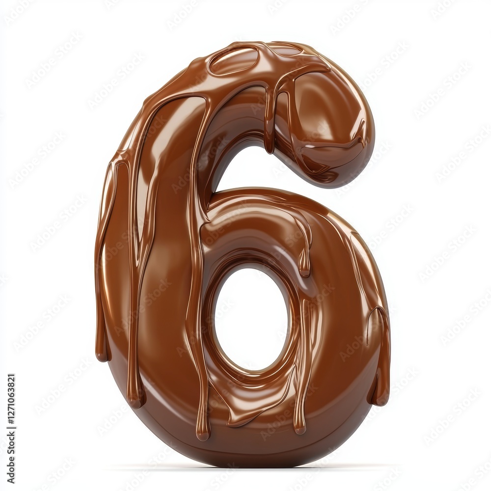 Number 6 made of glossy melted chocolate isolated on a clean white background Number 6 made of glossy melted chocolate isolated on a clean white background