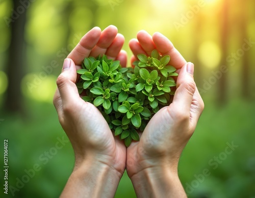 Hands form heart shape with green leaves in nature. Symbolizes eco awareness, sustainability, organic growth, love of nature, ecology, healthcare, environmentalism. Fresh plants held in loving palms. photo