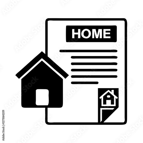 con of a home buyers guide document with a house illustration, black and white style