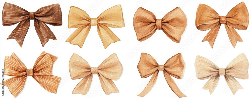 Sophisticated beige watercolor bows in diverse styles on a white background, representing timeless decor and minimalistic gift wrapping Sophisticated beige watercolor bows in diverse styles on a white background, representing timeless decor and minimalistic gift wrapping