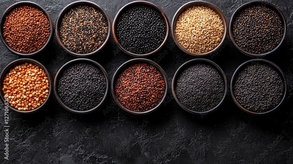 An array of colorful bowls filled with fresh beans and lentils on a rustic surface An array of colorful bowls filled with fresh beans and lentils on a rustic surface