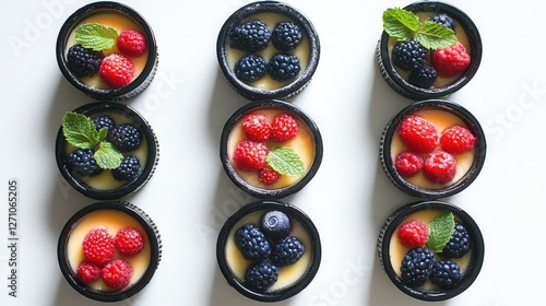 a classic crÃ¨me brÃ»lÃ©e with a perfectly caramelized sugar crust, served in elegant ramekins with fresh berries and mint. photo