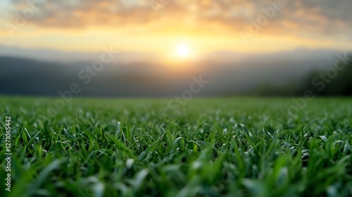 Serene landscape featuring lush green grass under a breathtaking sunset sky with soft clouds : Generative AI