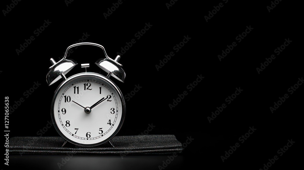 Classic Silver Alarm Clock on Black Textured Surface Classic Silver Alarm Clock on Black Textured Surface