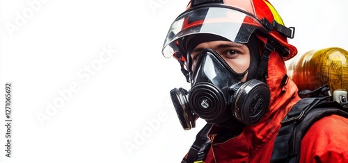 A firefighter's breathing apparatus with a clean face mask and air tank, shown on a solid white background as a single item