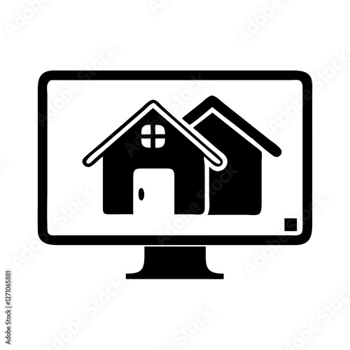 Icon of a computer monitor displaying houses, representing a virtual home tour, black and white style
