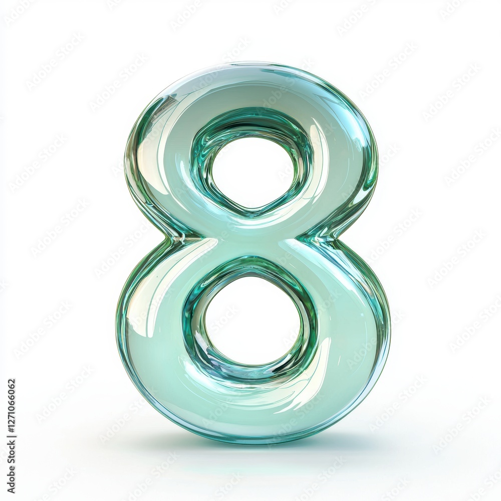 Number 8 shaped from smooth polished glass with light reflections on a clean white background for 8 March International Womens Day Number 8 shaped from smooth polished glass with light reflections on a clean white background for 8 March International Womens Day