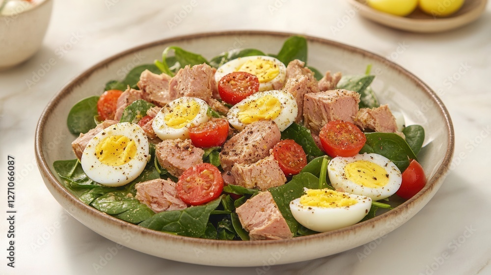 a hearty salad with chunks of tuna, boiled eggs, baby spinach, cherry tomatoes, and a creamy mustard dressing. a hearty salad with chunks of tuna, boiled eggs, baby spinach, cherry tomatoes, and a creamy mustard dressing.
