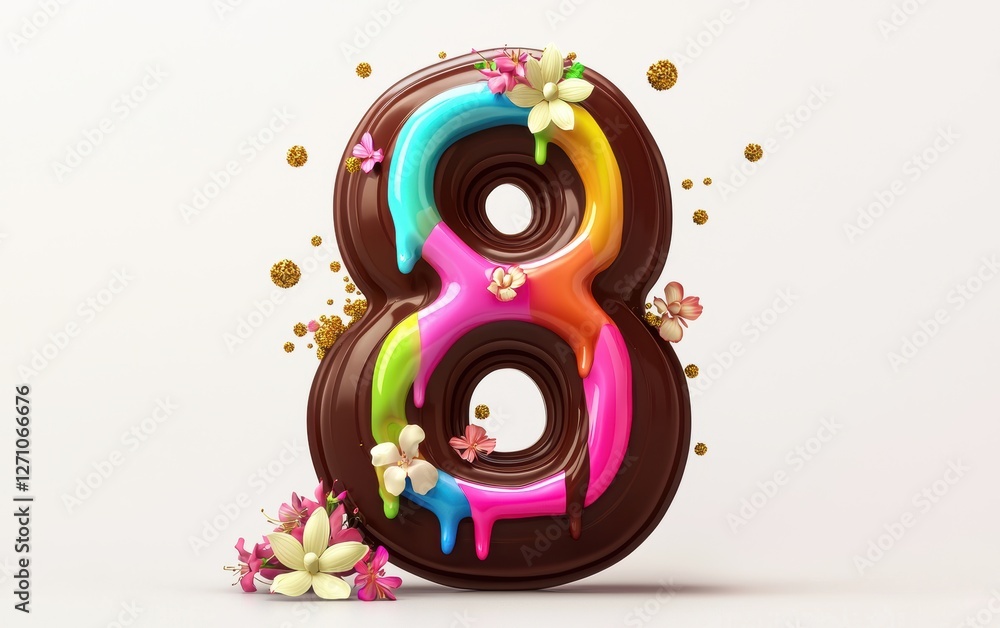 Fototapeta premium Playful number 8 with dripping rainbow chocolate, golden sparkles, and delicate floral accents on a clean white background for 8 March International Womens Day